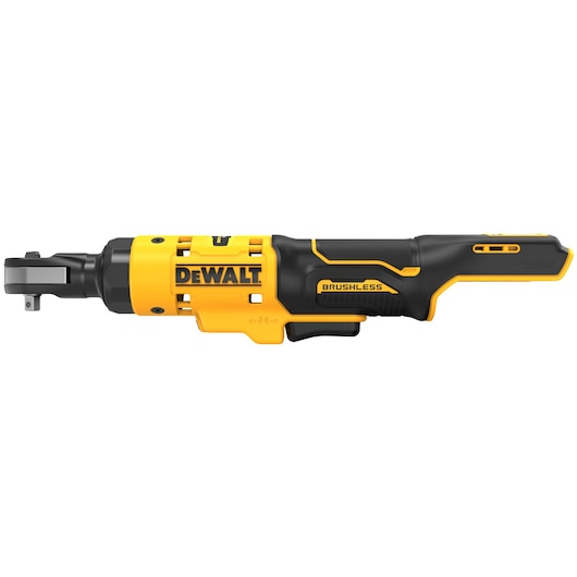 Cordless brushless ratchet tool by DEWALT, model DCF504N, in yellow and black color.