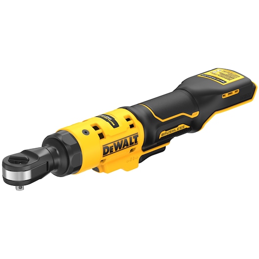 A DEWALT cordless brushless ratchet wrench, model DCF504N, featuring a yellow and black design.