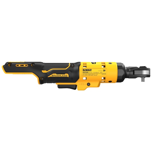 A DEWALT DCF504N brushless cordless ratchet tool in yellow and black, shown from the side with model details visible.