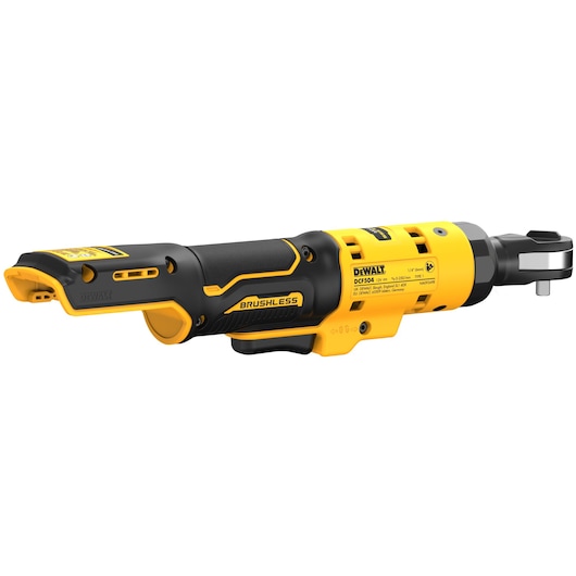 A DEWALT DCF504N cordless brushless ratchet tool, featuring a yellow and black ergonomic design.