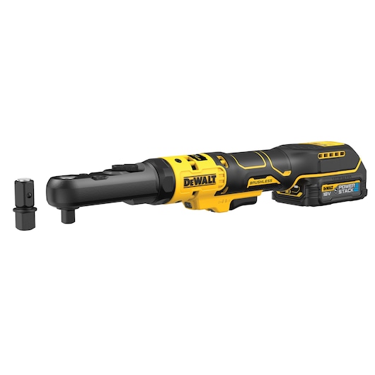 DEWALT cordless ratchet tool with brushless motor and 18V battery, shown with a socket adapter attachment.