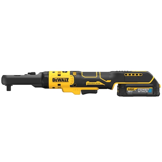 DEWALT cordless ratchet tool with brushless motor and 18V POWERSTACK battery, yellow and black design.