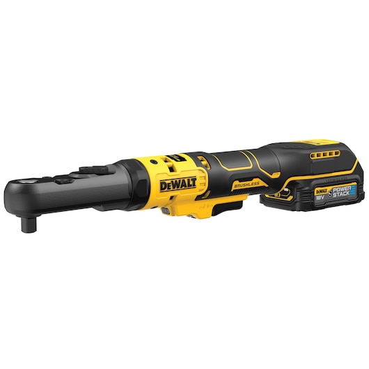 DEWALT cordless ratchet tool with yellow and black casing and 18V battery pack.