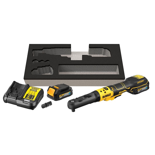 DEWALT cordless ratchet kit with tool, battery, charger, adapter, and foam insert displayed on white background.