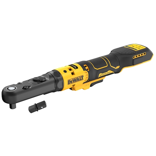 DEWALT DCF510N cordless ratchet wrench with brushless motor and removable adapter, black and yellow design.