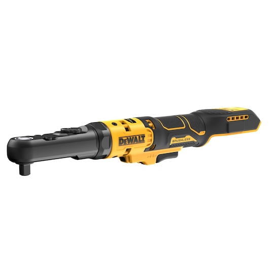 DEWALT DCF510N brushless cordless ratchet tool in yellow and black, isolated on a white background.