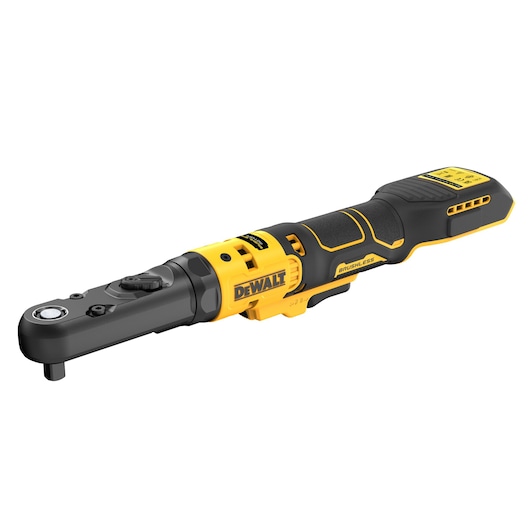 DEWALT cordless ratchet tool, yellow and black, brushless design, shown on a white background.