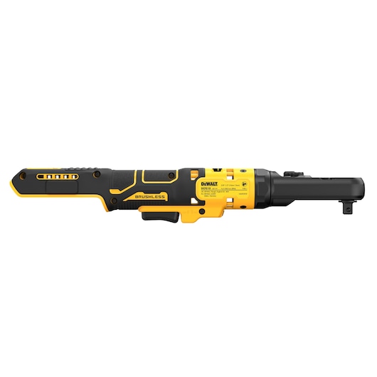 DEWALT DCF510N brushless ratchet tool in yellow and black, shown in profile on a white background.