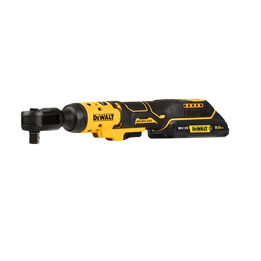 DEWALT cordless ratchet wrench, model DCF512D1G, with brushless motor and 18V XR 2.0Ah battery, shown in yellow and black.