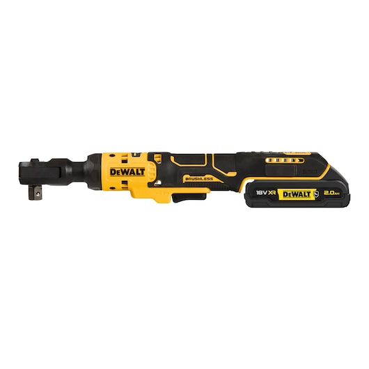 A DEWALT 18V XR cordless ratchet tool with a brushless motor. The tool is predominantly yellow and black, with a DEWALT logo, and a 2.0Ah battery attached.