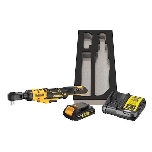 A DEWALT cordless ratchet tool kit, including a brushless ratchet wrench, a lithium-ion battery, a battery charger, and a black foam insert for organized storage.