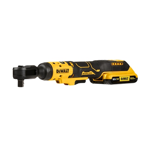 A DEWALT 18V XR cordless brushless ratchet wrench tool with a yellow and black design and a 2.0Ah battery attached, shown on a white background.