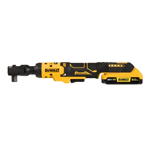 A DEWALT 18V XR cordless brushless ratchet tool, yellow and black in color, with a 2.0Ah battery attached. The tool is shown on a white background.