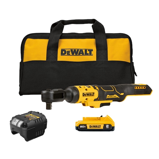 A DEWALT cordless ratchet kit with a yellow and black tool bag, battery charger, and 20V lithium-ion battery.