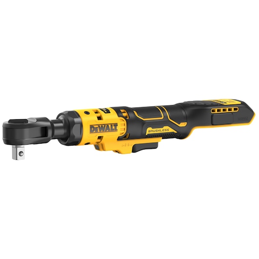 DEWALT cordless brushless ratchet tool with a black and yellow design, showing a side profile view.
