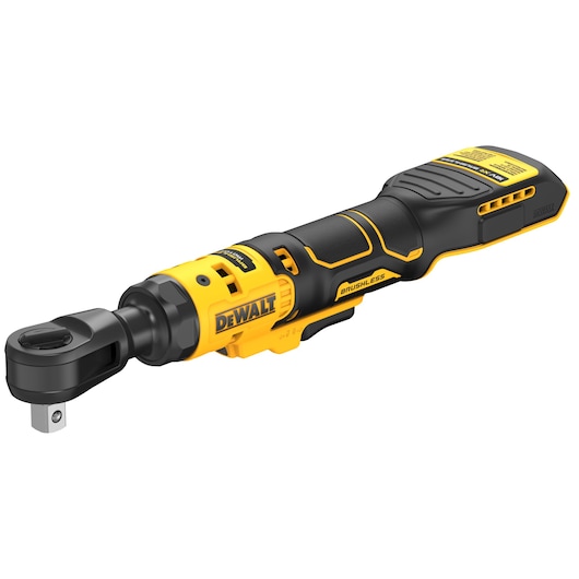A DEWALT DCF512N cordless brushless ratchet tool with a yellow and black body, featuring ergonomic grip and trigger, designed for fastening and loosening tasks.