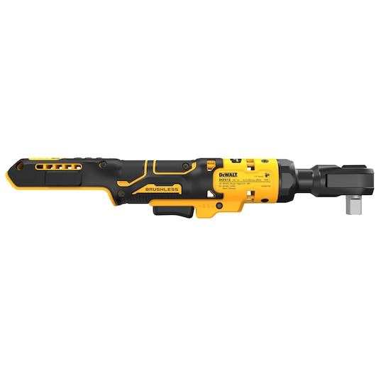 A DEWALT DCF512N brushless cordless ratchet tool, featuring a yellow and black ergonomic design with a metal head and visible branding.