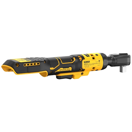 A DEWALT brushless cordless ratchet wrench, model DCF512N, shown in yellow and black colors. The tool is designed for tightening and loosening nuts and bolts, and features ergonomic grip and detailed labeling.