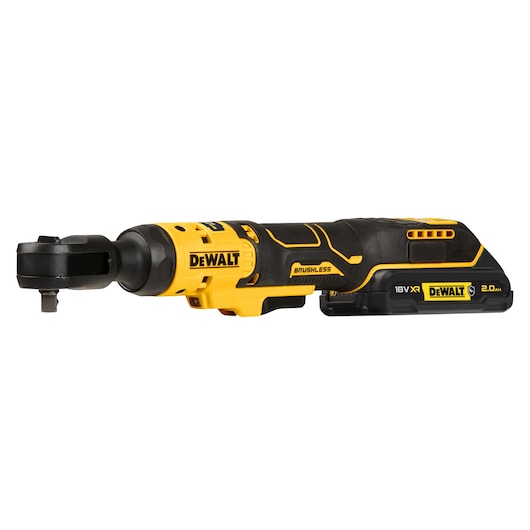 DEWALT cordless brushless ratchet wrench, 18V XR model DCF513D1G with 2.0Ah battery, featuring black and yellow design.