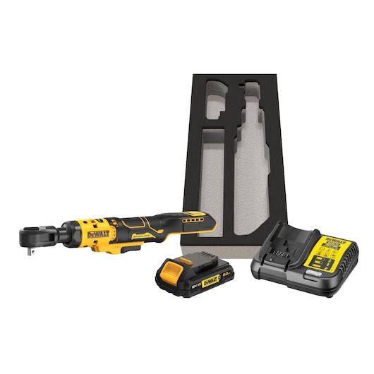DEWALT cordless ratchet kit including a yellow and black ratchet tool, a battery, a charger, and a custom foam insert.