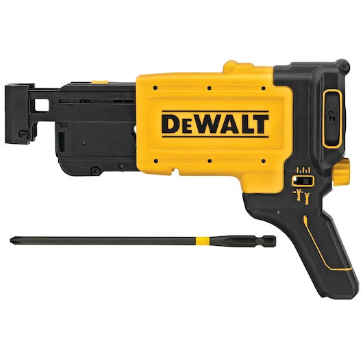 DEWALT DCF6202 yellow and black drywall screw gun attachment designed for use with power tools, shown with a screwdriver bit below.