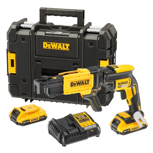 DEWALT cordless drywall screw gun kit, including a yellow and black screw gun, two batteries, charger, two bits, a nose cone attachment, and a sturdy carry case.