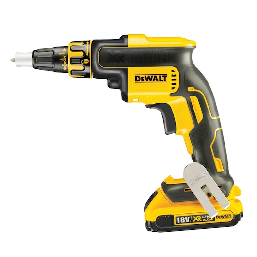 Yellow and black DEWALT cordless drywall screwdriver with 18V battery and belt clip.