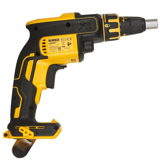 Yellow and black DEWALT DCF620NT-XJ cordless drywall screw gun with ergonomic grip, side view.