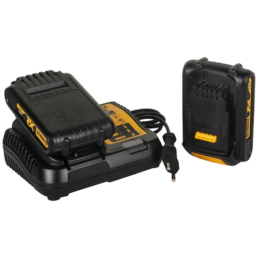 DEWALT battery charger and battery, black and yellow, with power cord. Suitable for power tools.