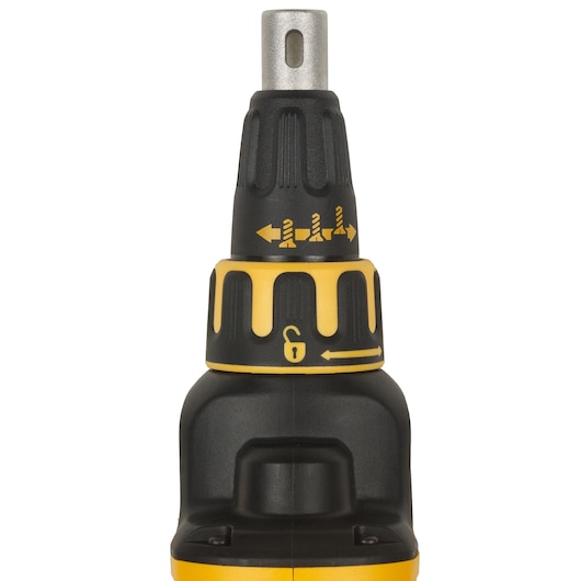 Close-up of the top section of a DEWALT cordless screwdriver with yellow adjustment markings.