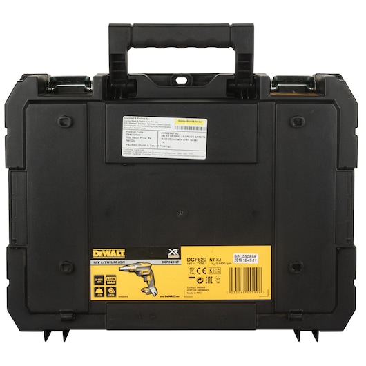 Black DEWALT DCF620NT-XJ case with handle and product label for 18V lithium-ion screwdriver.