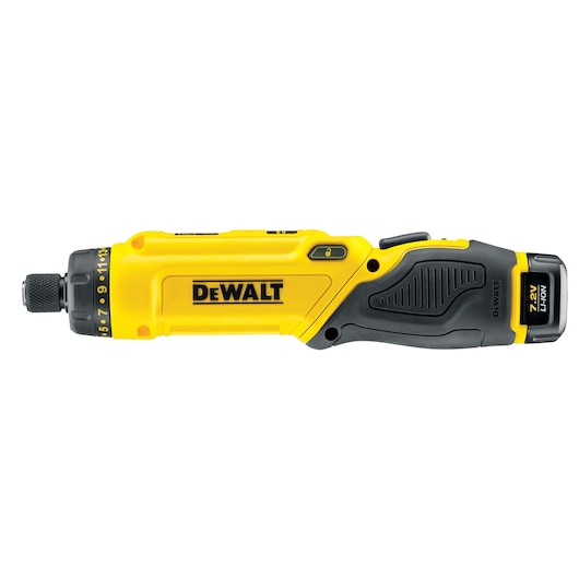DEWALT DCF680G2 7.2V yellow cordless screwdriver tool with black grip and adjustable settings.