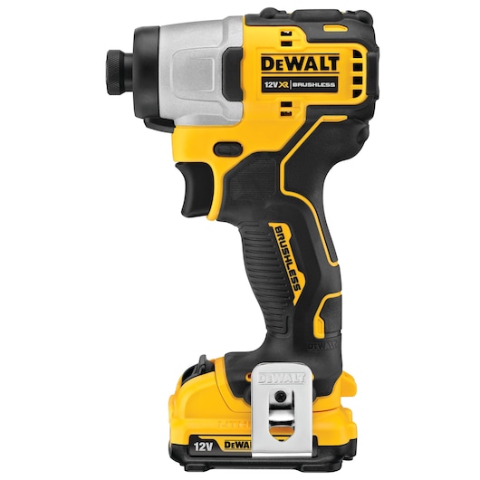DEWALT 12V XR brushless impact driver, yellow and black, side view with belt clip.