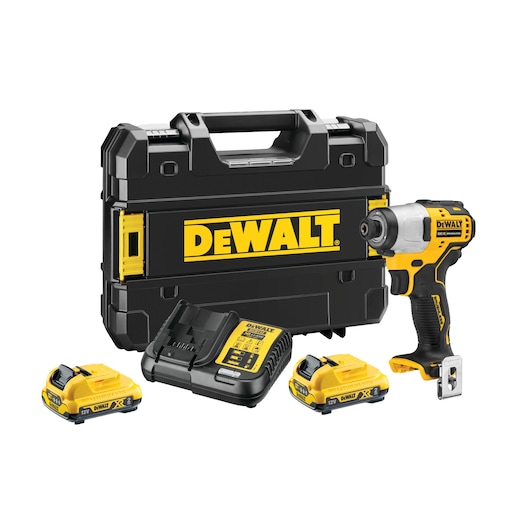 DEWALT cordless impact driver set with batteries, charger, and carrying case.
