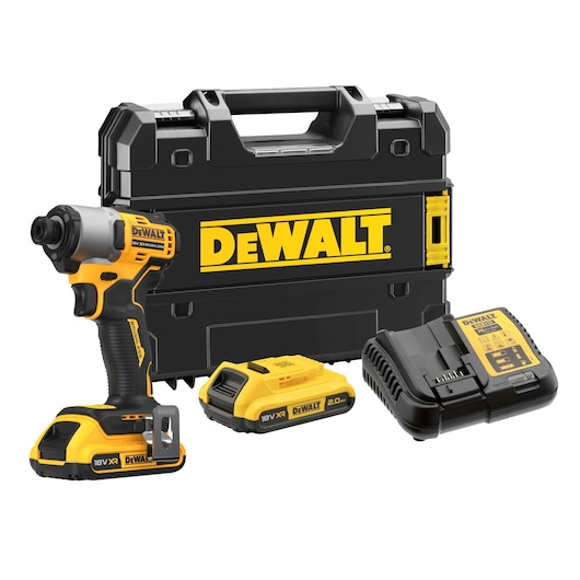 DEWALT cordless impact driver kit including an 18V XR impact driver, two 2.0Ah batteries, a battery charger, and a large black carrying case with a DEWALT logo.