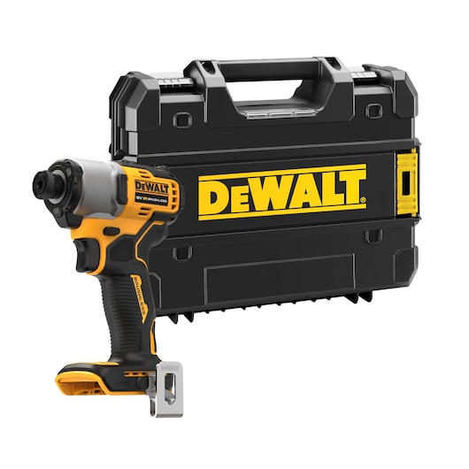 DEWALT cordless impact driver with black and yellow design, shown with a matching hard plastic carrying case featuring the DEWALT logo.