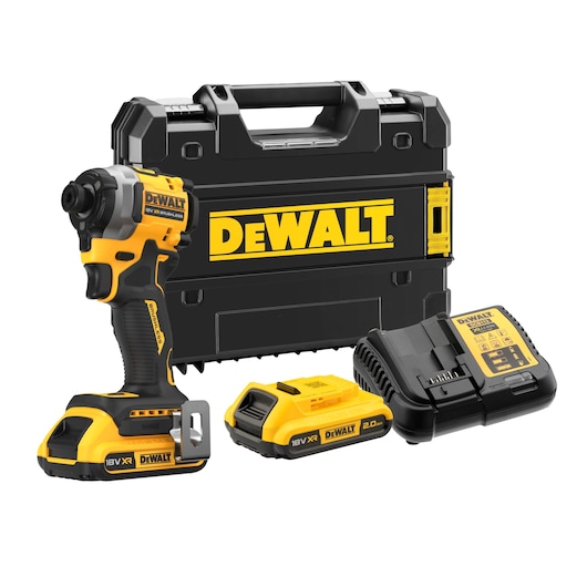 DEWALT DCF850D2T-QW, DCF850D2T impact driver set with battery, charger, and case.