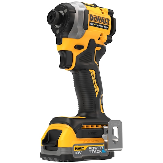 A DEWALT 18V XR Brushless cordless impact driver with a Power Stack lithium-ion battery, featuring a yellow and black design and a metal belt clip.