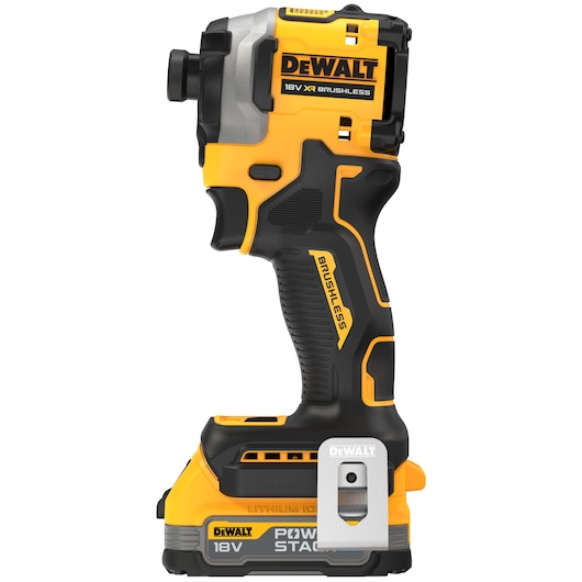 A yellow and black DEWALT 18V XR Brushless cordless impact driver tool, shown in a side profile view with a battery attached at the base.