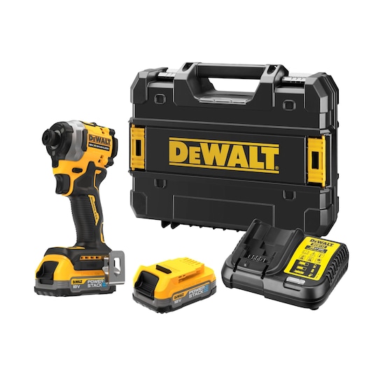 DEWALT impact driver kit with battery, charger, and sturdy carrying case in black and yellow.