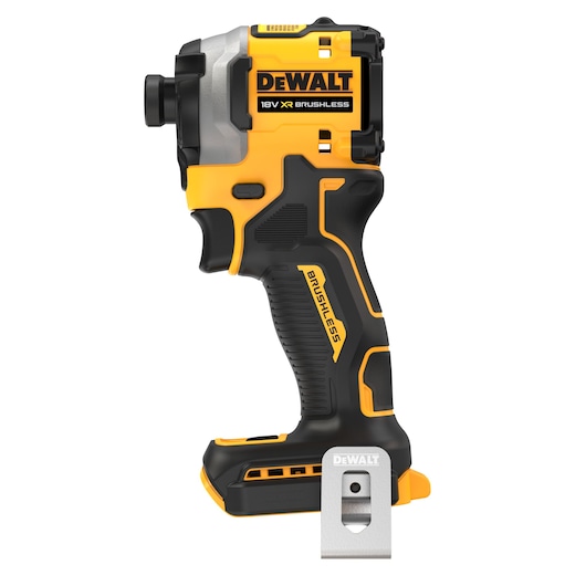DEWALT 18V XR Brushless impact driver DCF850NT, black and yellow, side view, tool only, no battery.