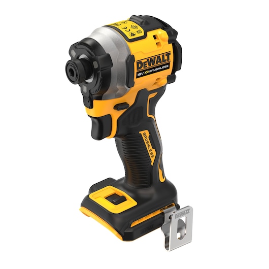 DEWALT 18V XR brushless impact driver, shown without battery, black and yellow design with metal clip.