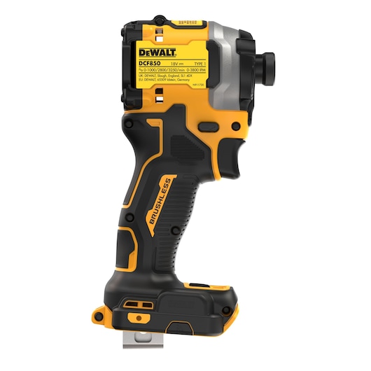 DEWALT DCF850NT cordless brushless impact driver, yellow and black, side view, tool only, no battery attached.