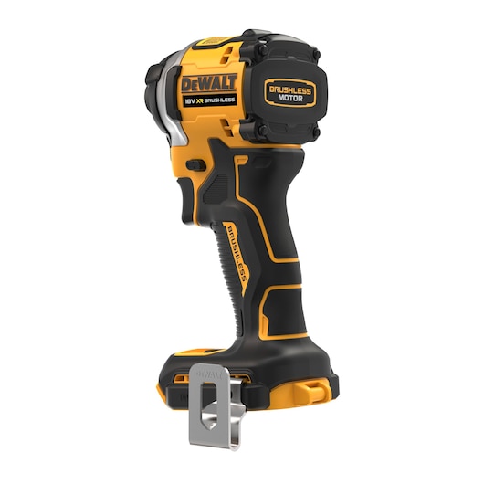 DEWALT DCF850NT cordless brushless impact driver, yellow and black, shown with belt clip.