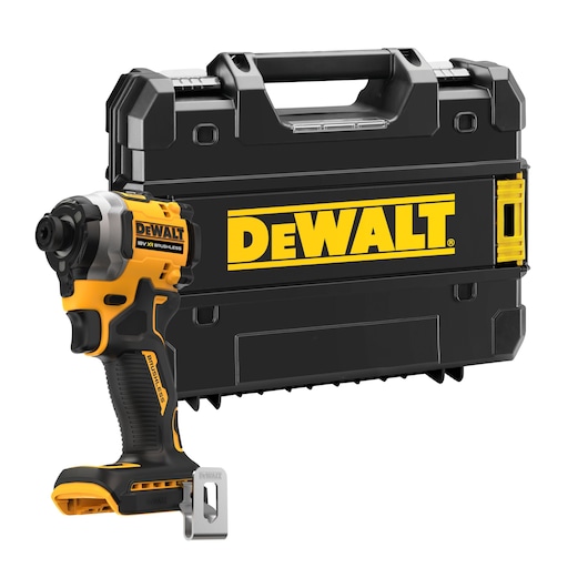 DEWALT cordless impact driver with black carrying case, branded with yellow DEWALT logo.