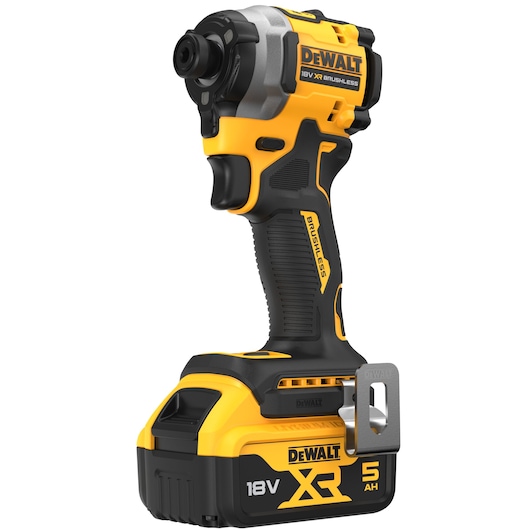 DEWALT 18V XR cordless impact driver with brushless motor and 5.0 Ah battery, in yellow and black.
