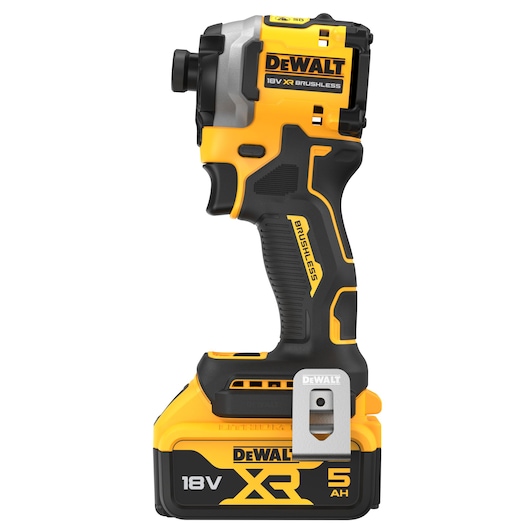 DEWALT 18V XR Brushless cordless impact driver with 5Ah battery, black and yellow body, side view.