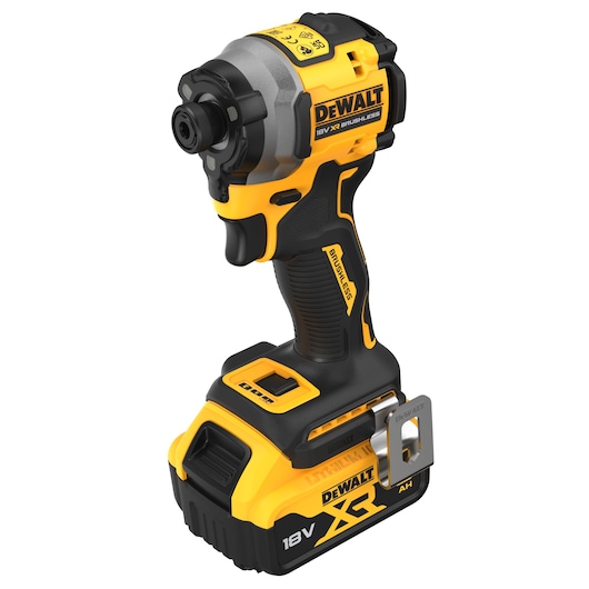 DEWALT 18V XR cordless impact driver with brushless motor, yellow and black, with battery attached.