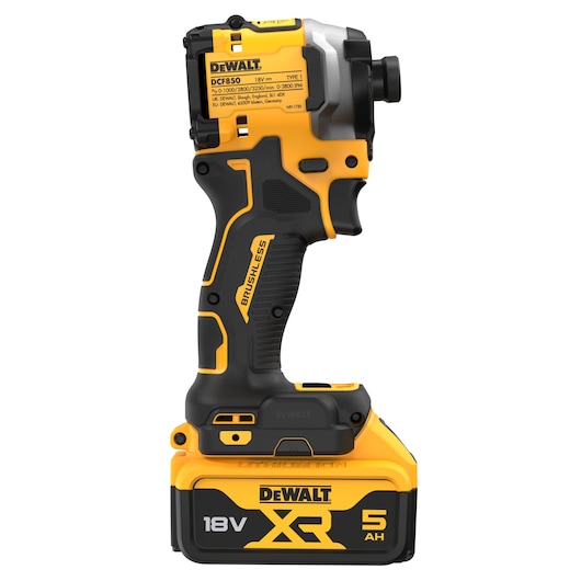 DEWALT 18V XR compact brushless impact driver DCF850P2T with 5Ah battery, shown in side view.