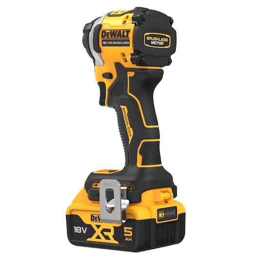 DEWALT 18V XR impact driver with brushless motor and 5Ah battery, shown in yellow and black.